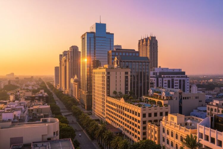 Modern city skyline with skyscrapers at sunset, tourism hub in india.