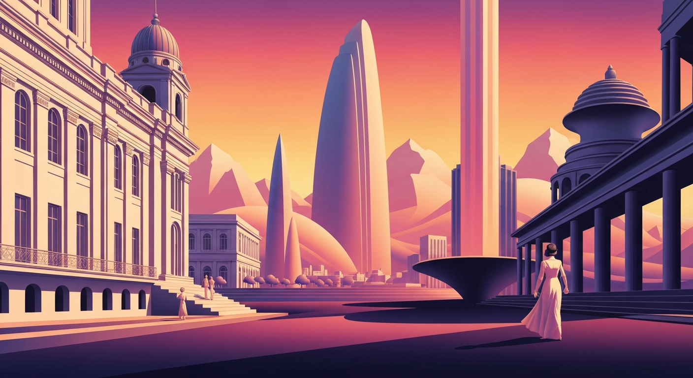 A bold, geometric illustration in the Art Deco style, featuring sweeping gradients and towering architectural forms that evoke the grand scale and romance of air travel, without depicting any literal people or text.