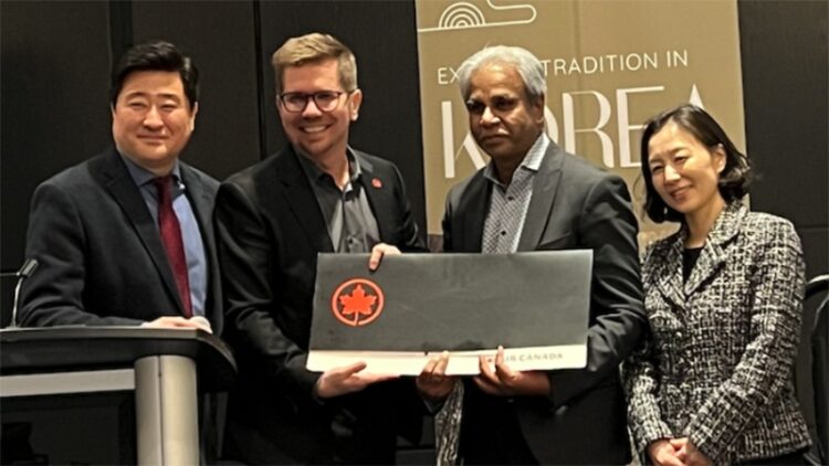 Luck of the draw! Ravi Kumar, EVP Corporate Development, Voyzant, won two free tickets to South Korea, courtesy of Air Canada, at “Discover the Local Gems of Korea” in Markham, Ontario. From left: Air Canada’s Deejay Lee and Viktor Spysak; Ravi Kumar, and Youna Oh, Director, Toronto Office, Korea Tourism Organization.