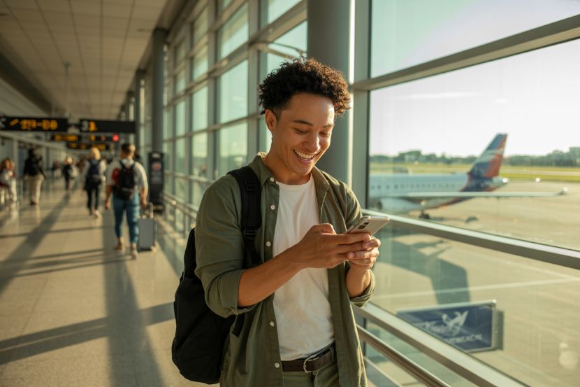 Smiling traveler using phone at airport terminal with airplane in background.