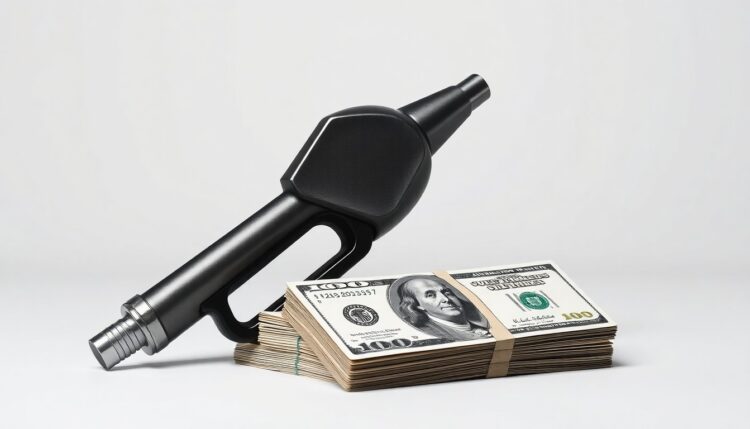 A photorealistic studio still-life featuring a metal fuel nozzle and stacks of cash, symbolizing the financial pressures facing airlines due to rising oil prices.