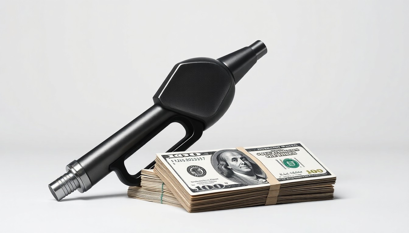 A photorealistic studio still-life featuring a metal fuel nozzle and stacks of cash, symbolizing the financial pressures facing airlines due to rising oil prices.
