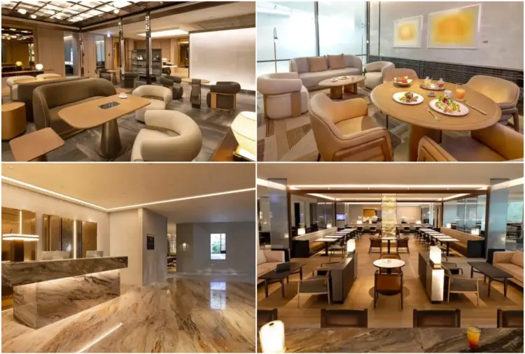 Luxury Korean Air First and Prestige Class lounge interiors at Incheon Airport with modern seating, dining areas and warm lighting
