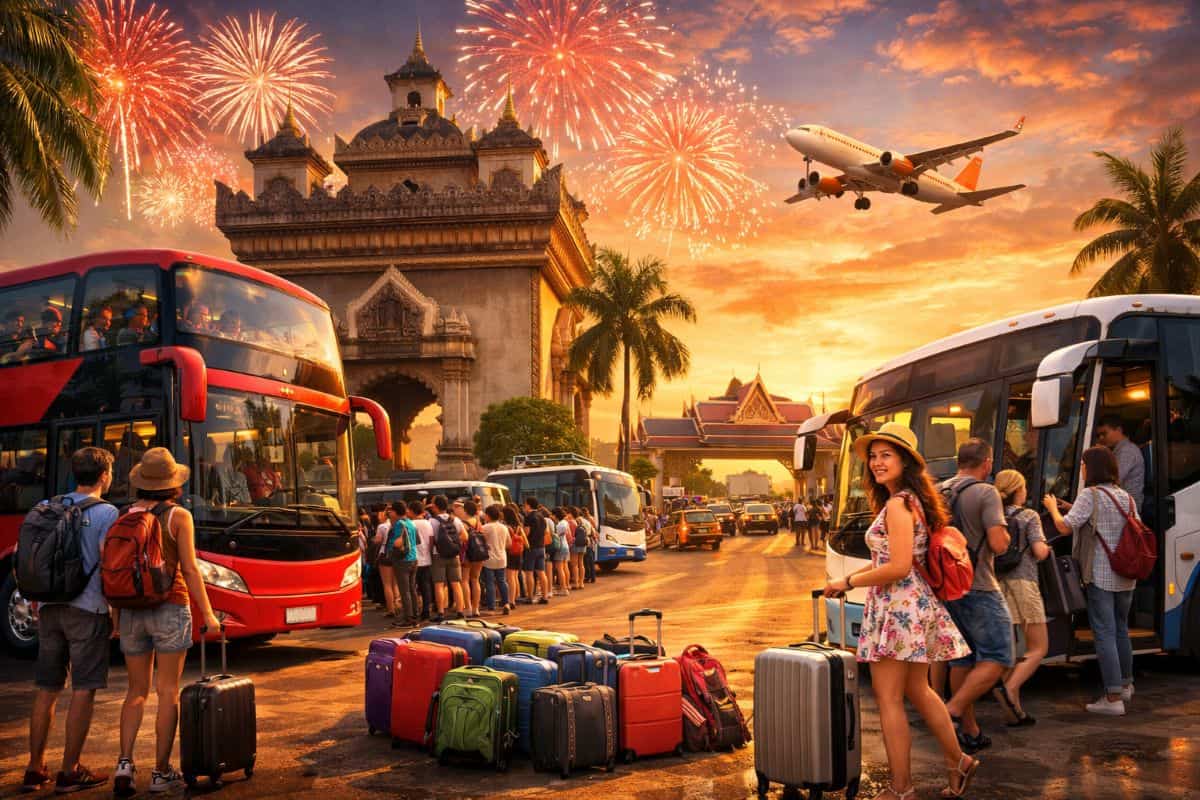 Crowded bus station in vientiane during lao new year celebrations.