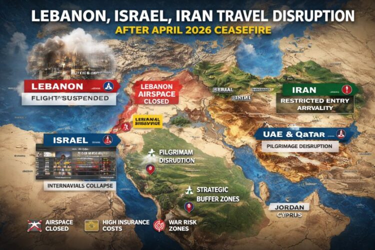 Map showing travel disruptions in lebanon, israel, iran post-2026 ceasefire.