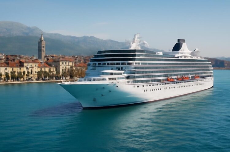 Luxury msc sinfonia cruise ship sailing in mediterranean waters.