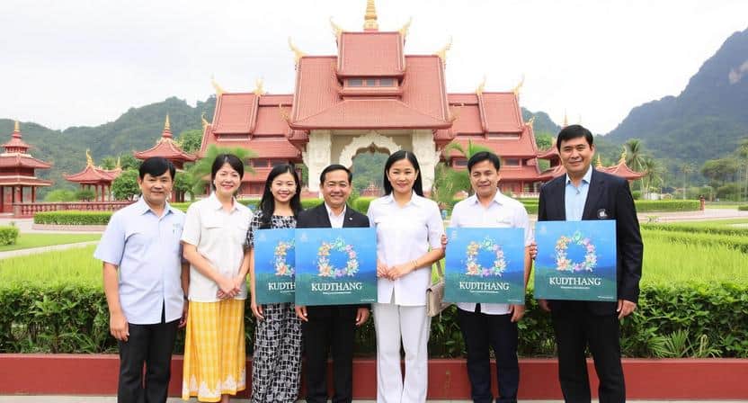Group of people holding kudthai 2026 banners at cultural site.