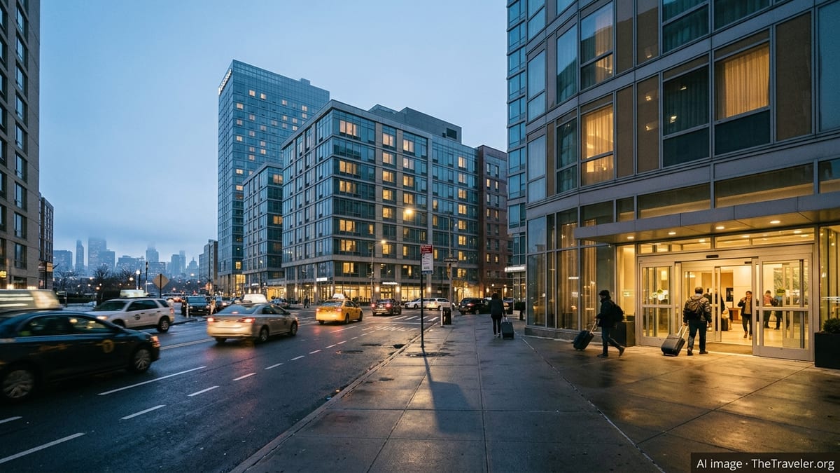 Early morning city street with business hotels lit from within and travelers arriving.