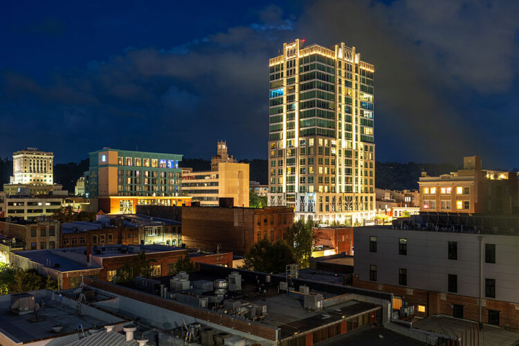 Downtown Asheville, North Carolina, lights up at dusk.