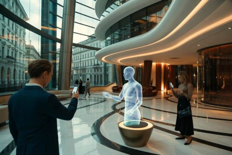 Modern hotel lobby featuring a holographic digital art display and guests using.