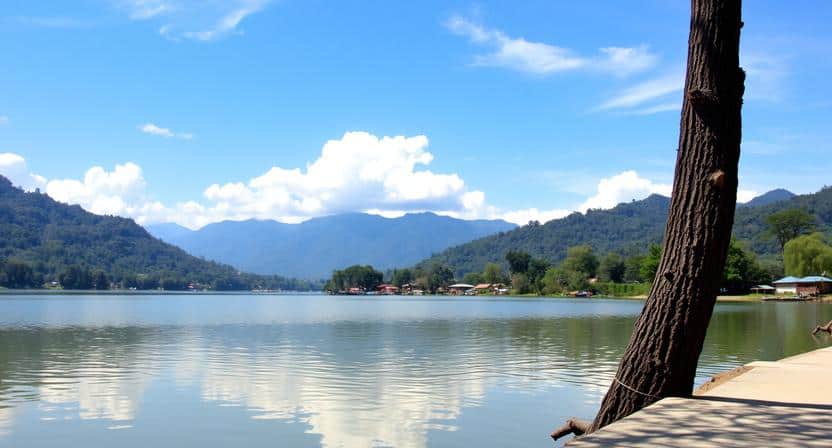 Beautiful view of phewa lake with mountains in the background, showcasing nepal’.