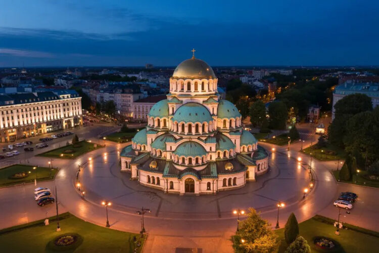 Beautiful aerial view of a church in bulgaria at dusk, highlighting tourism grow.