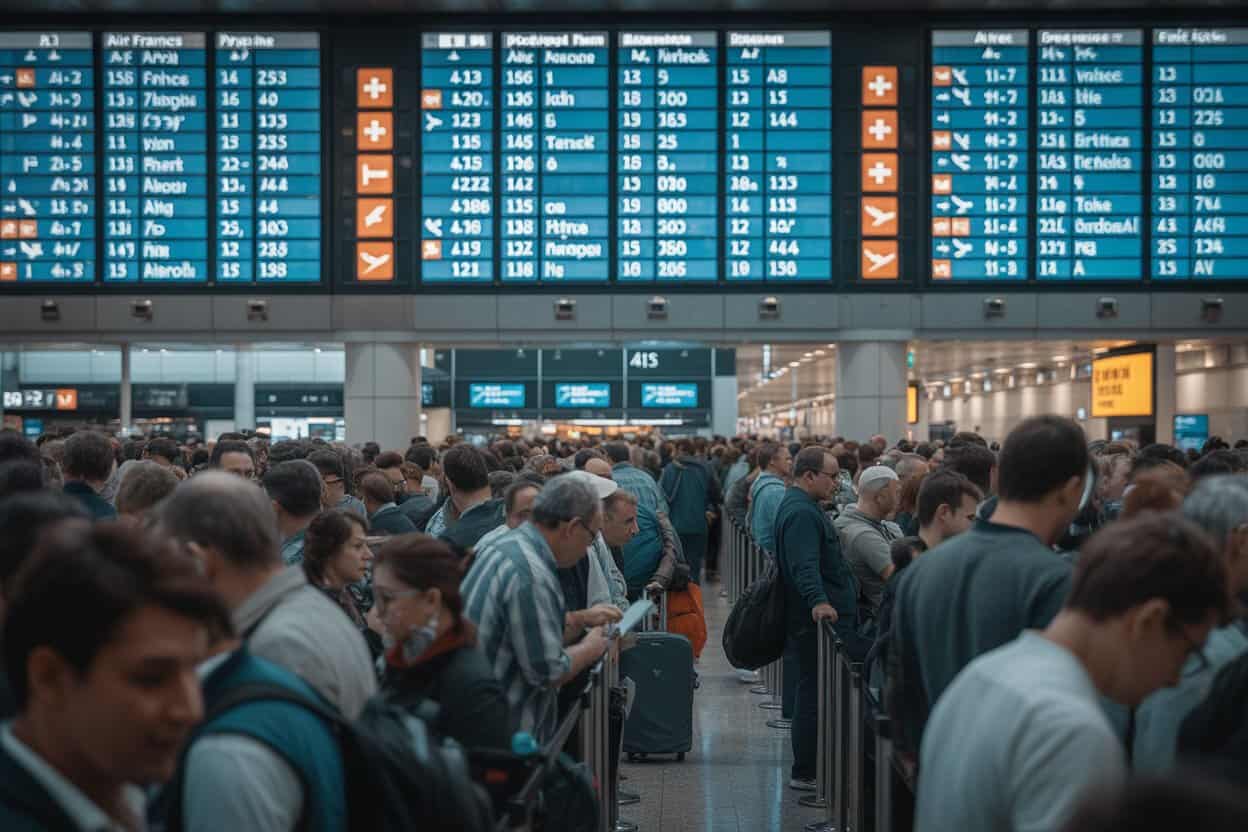 Crowded airport terminal with travelers and flight information displays.