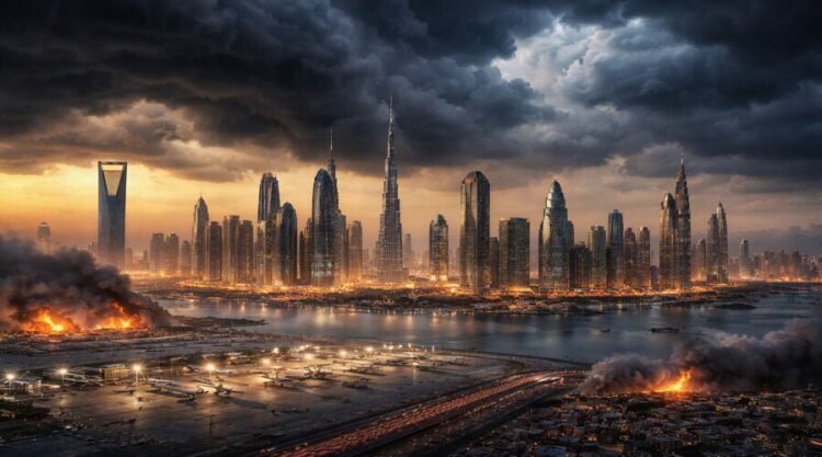 Dubai skyline with dark clouds and city lights, highlighting tourism impact.
