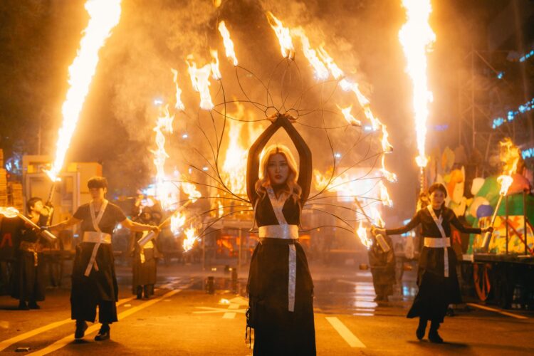 Performers stage a fire performance during the Signature Show at the 2026 Seoul Spring Festival at Yeouido Hangang Park in Seoul, April 10. Courtesy of Seoul Tourism Organization