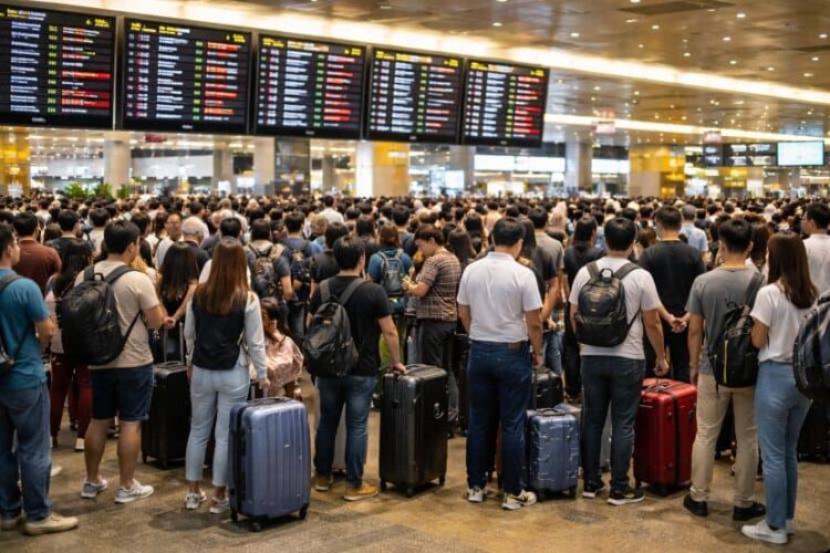 Crowded travelers at singapore changi airport with flight delay screens.