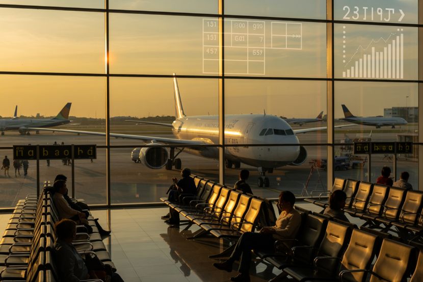 Airline at airport terminal with passengers waiting during sunset.