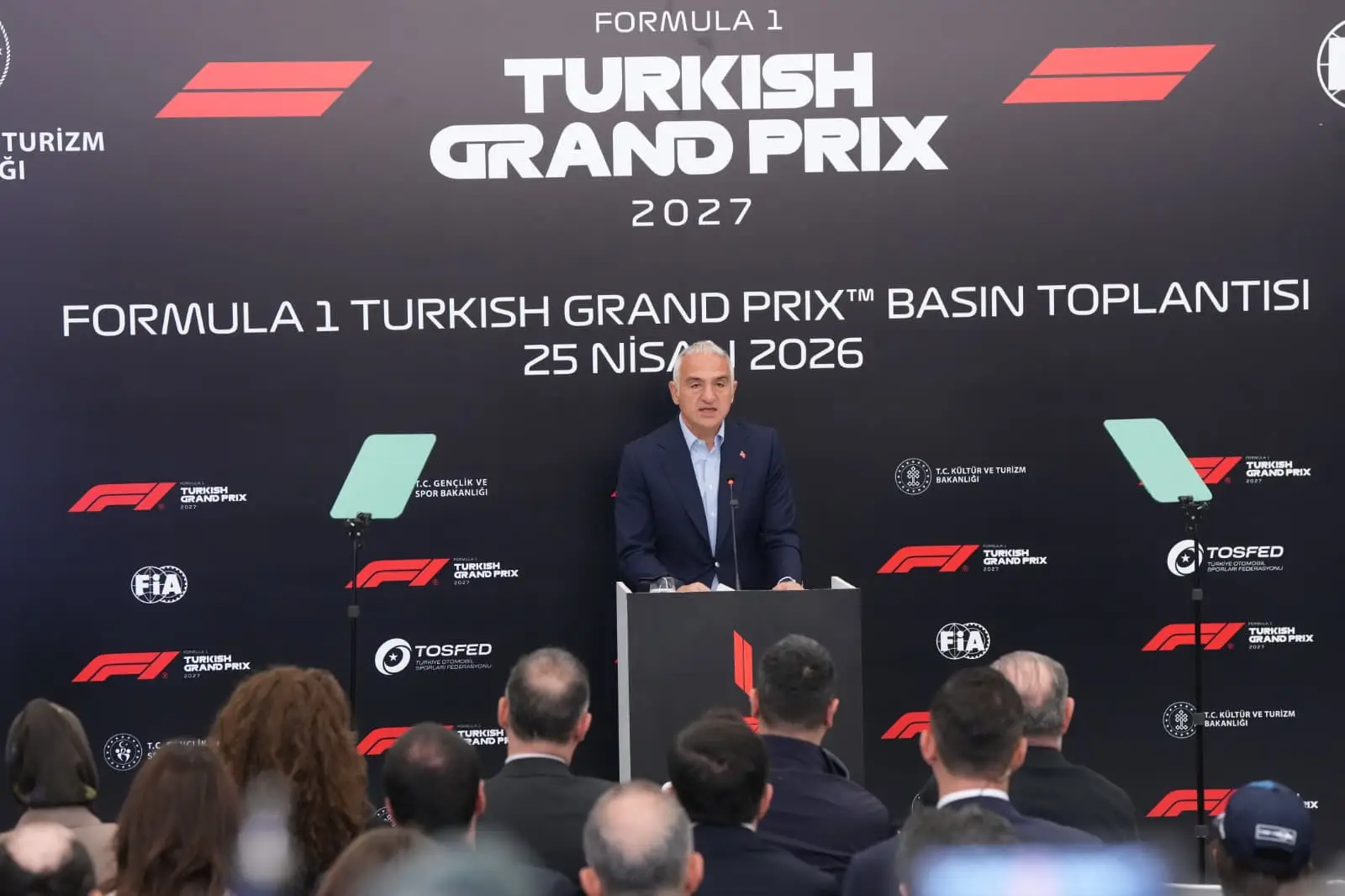 Turkish Culture and Tourism Minister Mehmet Nuri Ersoy speaks at the Formula 1 Turkish Grand Prix press conference at Istanbul Park