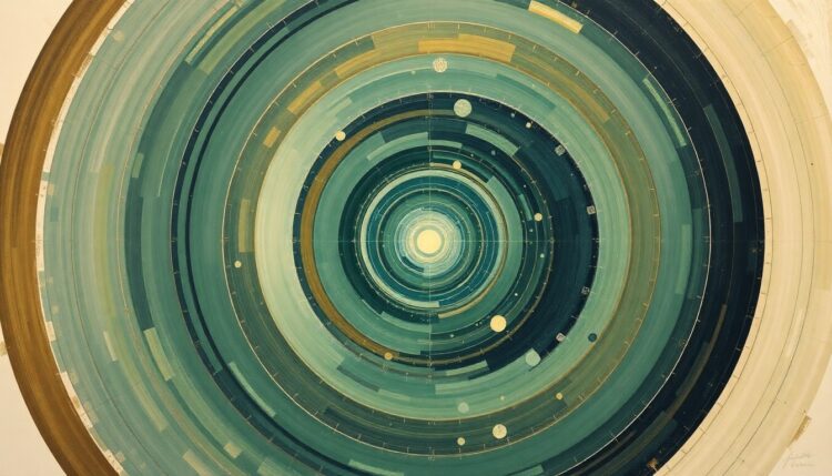 A bold, abstract painting in soft, earthy tones of green, brown, and blue, featuring sweeping geometric arcs, concentric circles, and precise spirals, conceptually representing the complex scientific forces and concepts behind a photonic crystal sail for space propulsion.