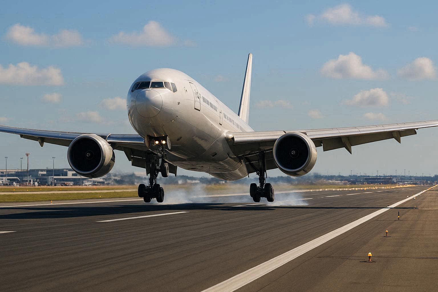 Commercial airplane taking off from runway at airport.