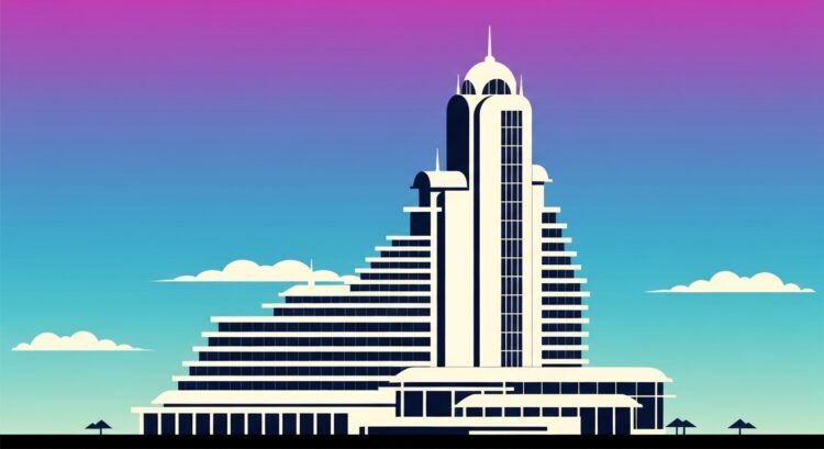 A highly stylized, geometric illustration of a towering hotel or resort complex set against a vibrant gradient sky, capturing the grand scale and romance of the travel industry in an abstract, non-literal way.