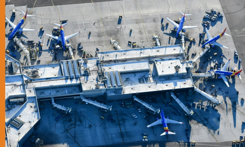 Aerial view of airplanes at Terminal 1 of Los Angeles International Airport