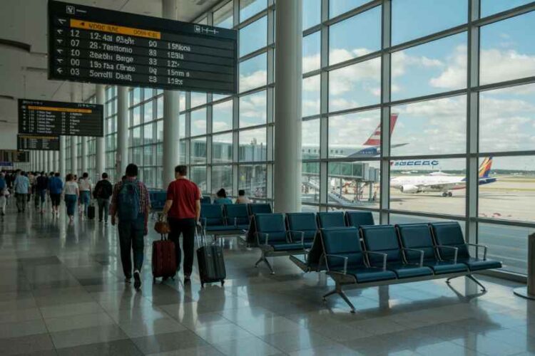 Airport terminal with travelers and planes in background.