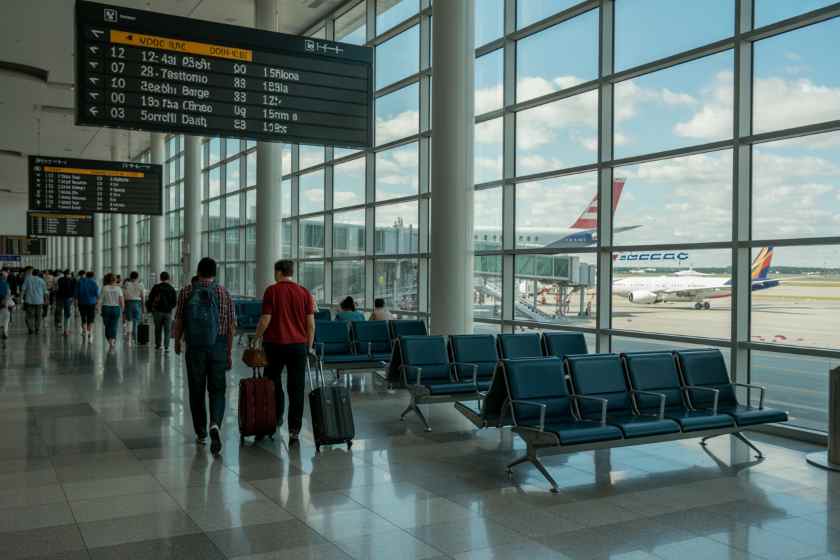 Airport terminal with travelers and planes in background.
