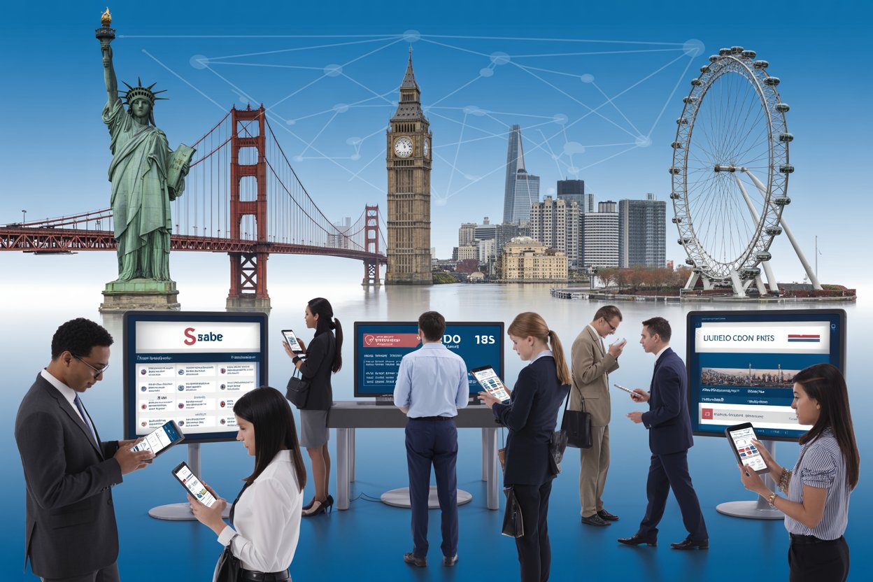 Business travelers using digital devices with iconic cityscape background.