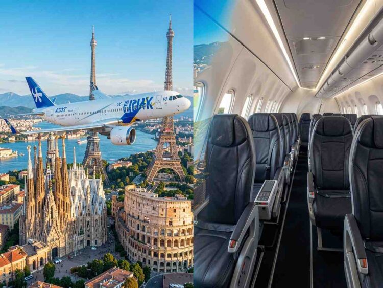 Airbus a321xlr aircraft flying over iconic european landmarks, including the eif.