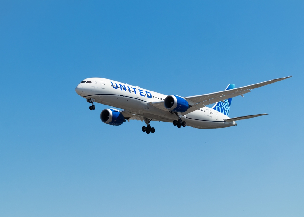 United Airlines plane flying in the air