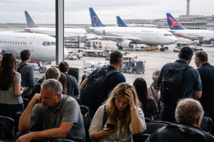 Passengers at houston bush intercontinental airport during flight delays.