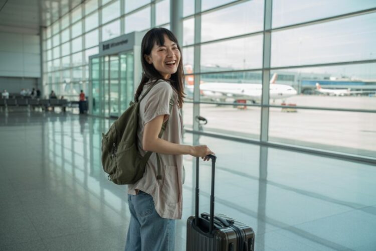 Happy traveler at airport with luggage for smooth border entry.