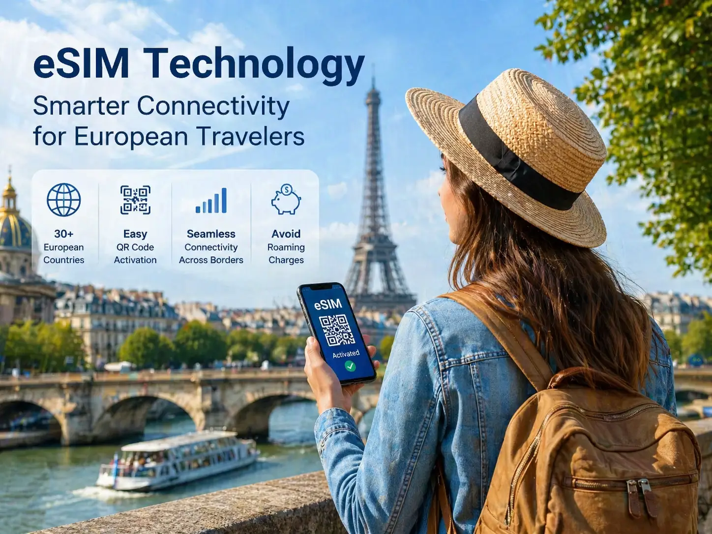 Traveler using smartphone eSIM in Paris with Eiffel Tower backdrop, highlighting mobile connectivity for European travel.