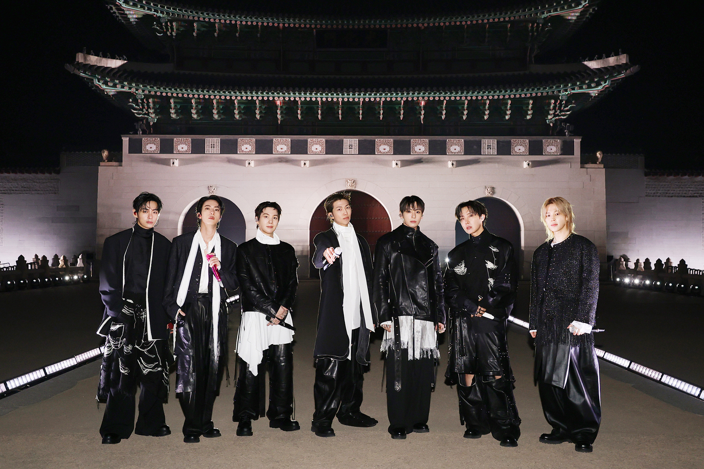 Members of boy band BTS pose for a photograph during their performance titled, ″BTS The Comeback Live: Arirang,″ in central Seoul on March 21. [NETFLIX/BIGHIT MUSIC]