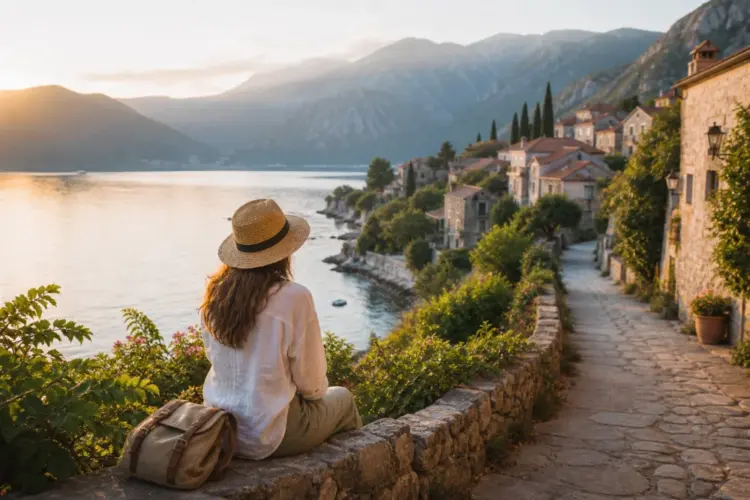 A serene coastal village at golden hour, with stone houses and winding paths overlooking calm water, as a traveler in a straw hat sits quietly on a stone wall, taking in the peaceful, sunlit landscape.