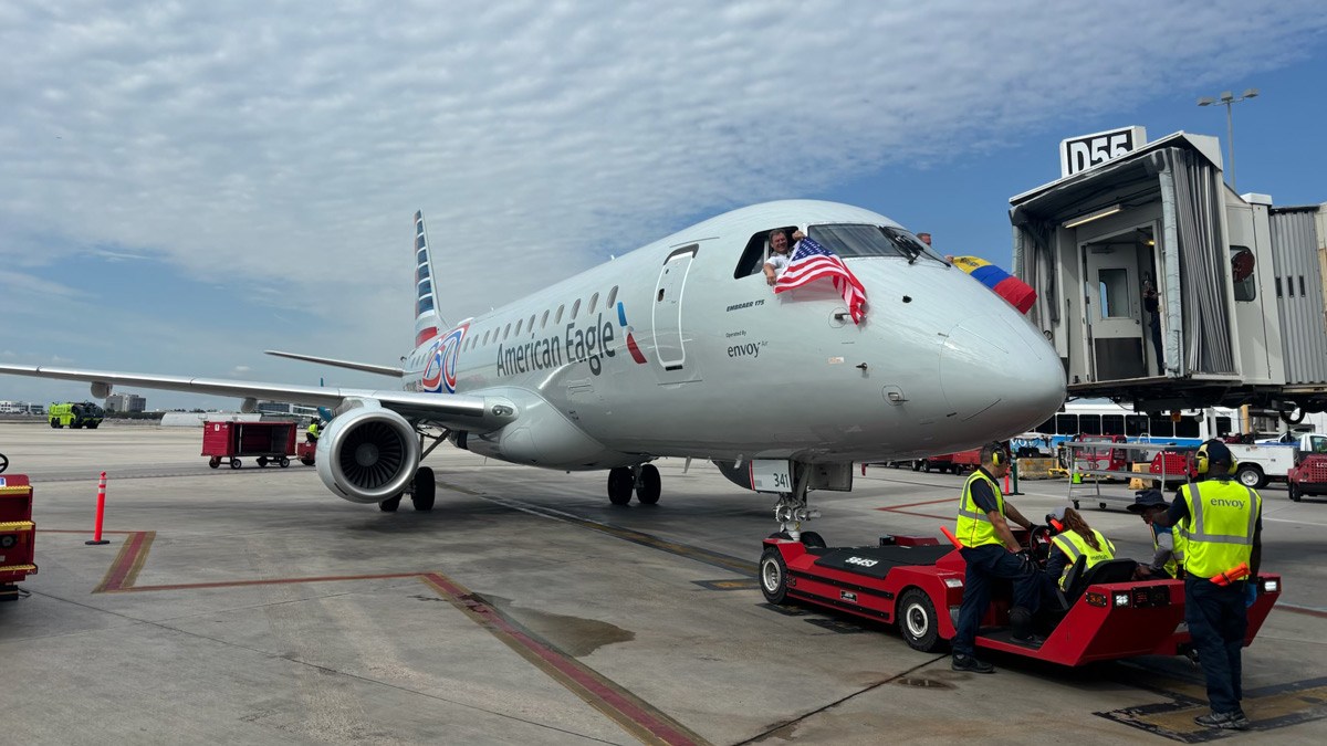 American eagle aircraft preparing for departure at miami airport.