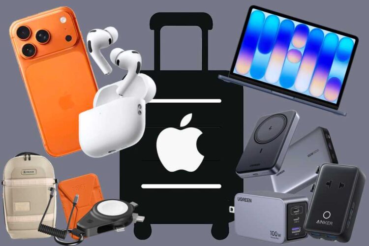 Graphic showing a suitcase with an Apple logo with a MacBook Neo, AirPods, Iphone 17 Pro and other accessories