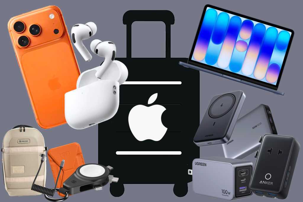 Graphic showing a suitcase with an Apple logo with a MacBook Neo, AirPods, Iphone 17 Pro and other accessories