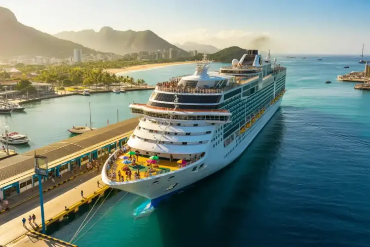 Luxury cruise ship docked at a south american port with scenic mountains in the.