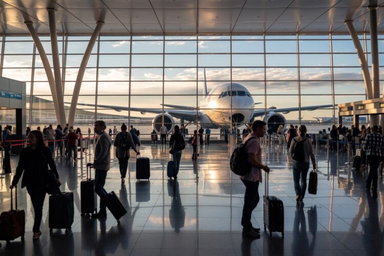 Air travelers at an international airport with a plane in the background.