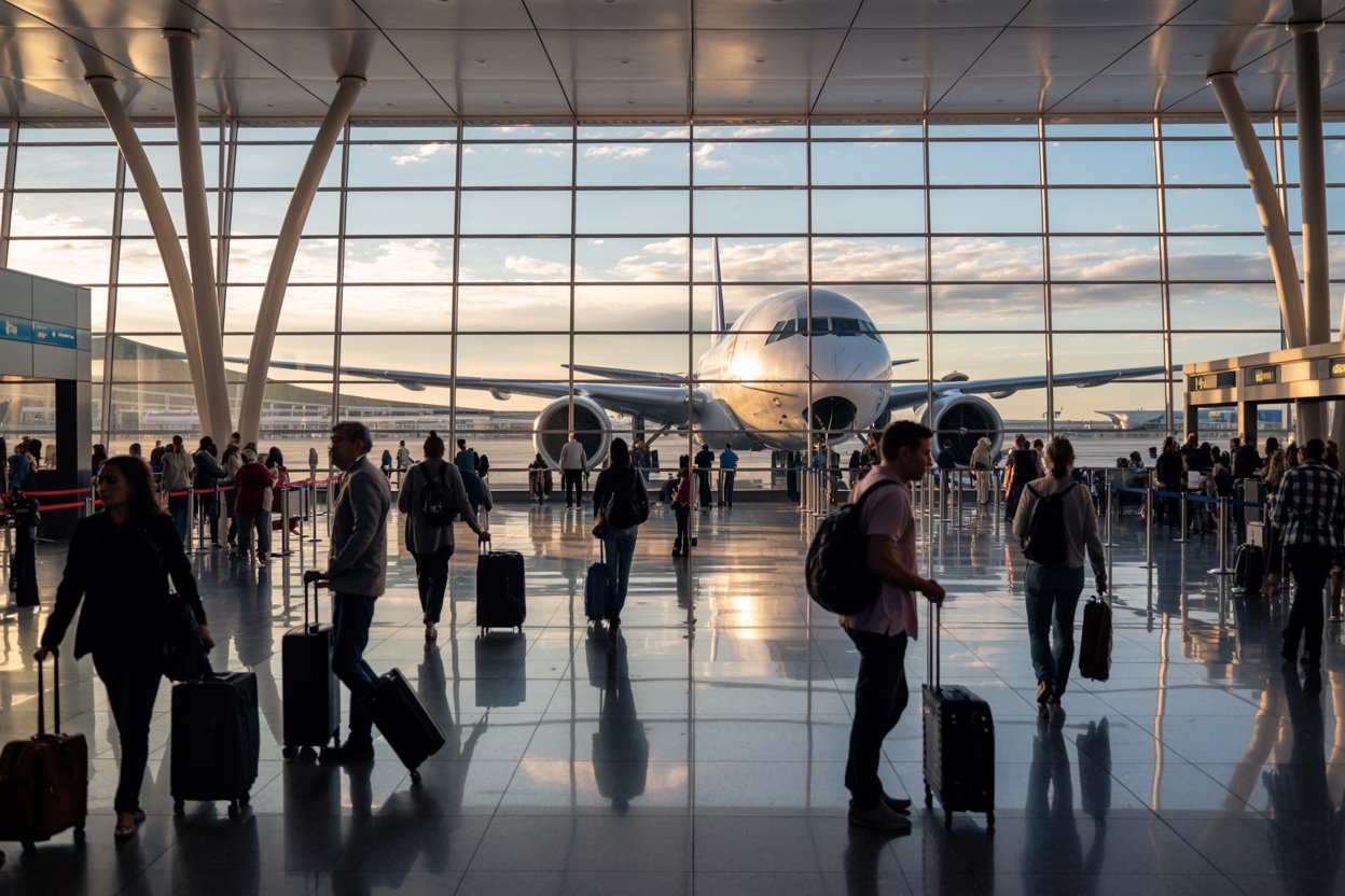 Air travelers at an international airport with a plane in the background.