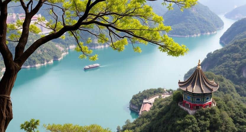 Scenic river in china with traditional pavilion and lush green trees, perfect fo.