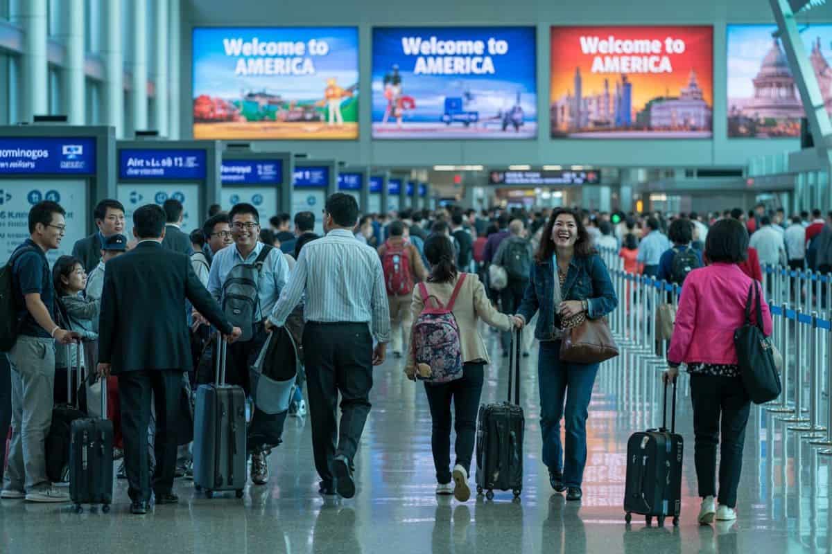Welcome to america airport signs with diverse travelers arriving in the us.