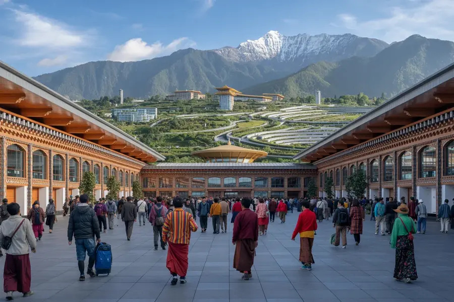 Visitors at bhutan's gelephu airport with himalayan mountains in background.