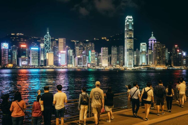 Night view of hong kong skyline with tourists enjoying victoria harbour scenery.