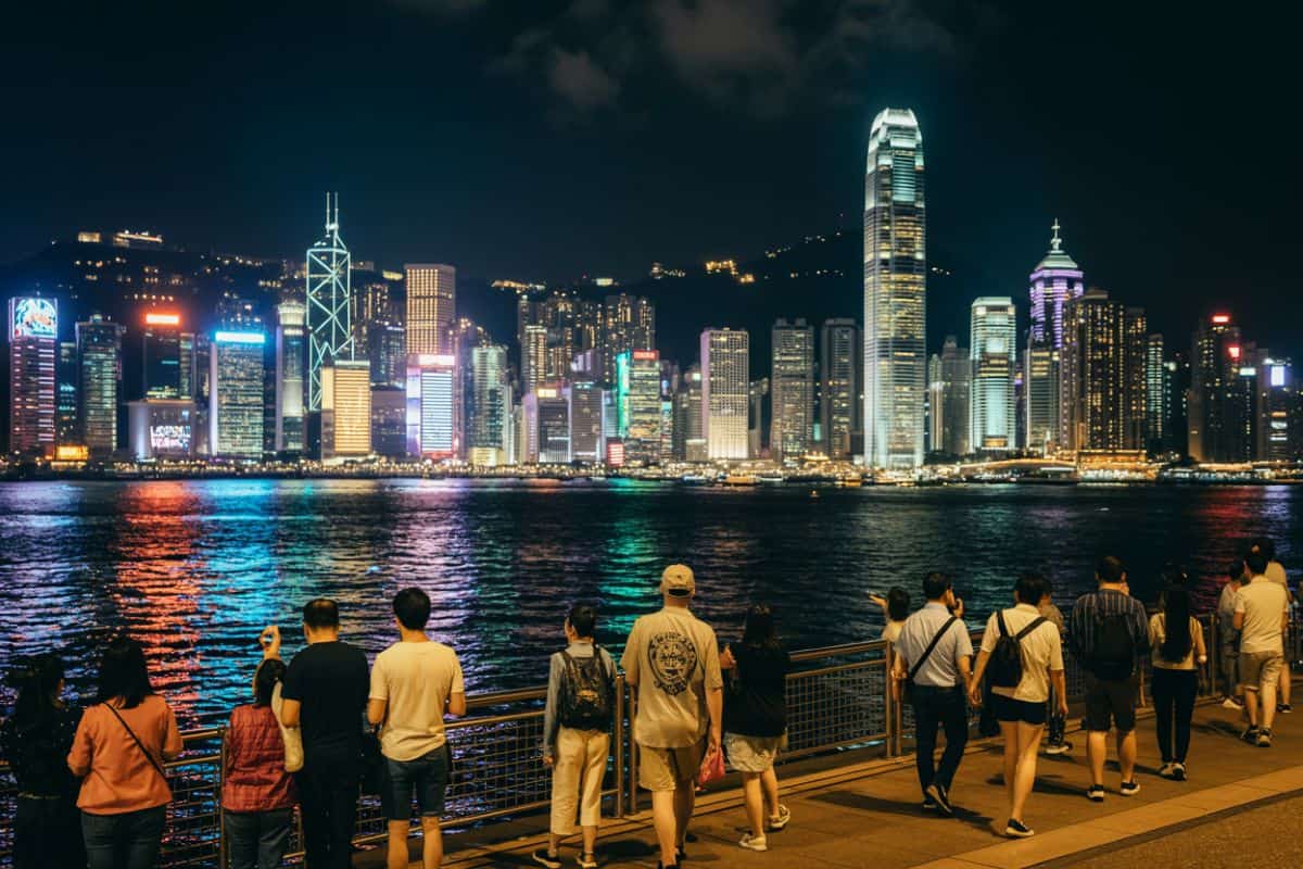 Night view of hong kong skyline with tourists enjoying victoria harbour scenery.