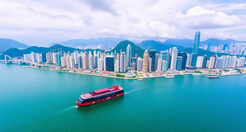 Aerial view of hong kong skyline and victoria harbour with a cruise ship.