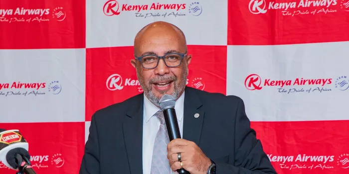 Kenya Airways Acting CEO George Kamal speaking during an Editor's Roundtable at Serena Hotel, Nairobi, on August 19, 2026.