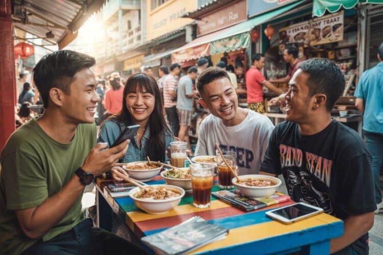 Young travelers enjoying street food in malaysia in 2026.